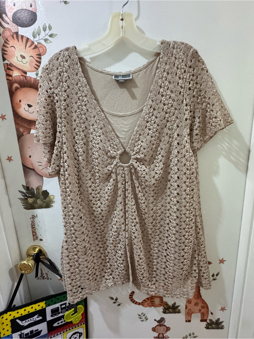 JM Collection Beige Crochet Ring-Front Blouse